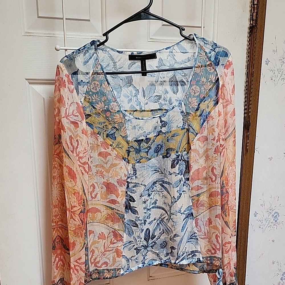 BCBGMaxAzria Orange Long Sleeve Silk Tie Front Blouse